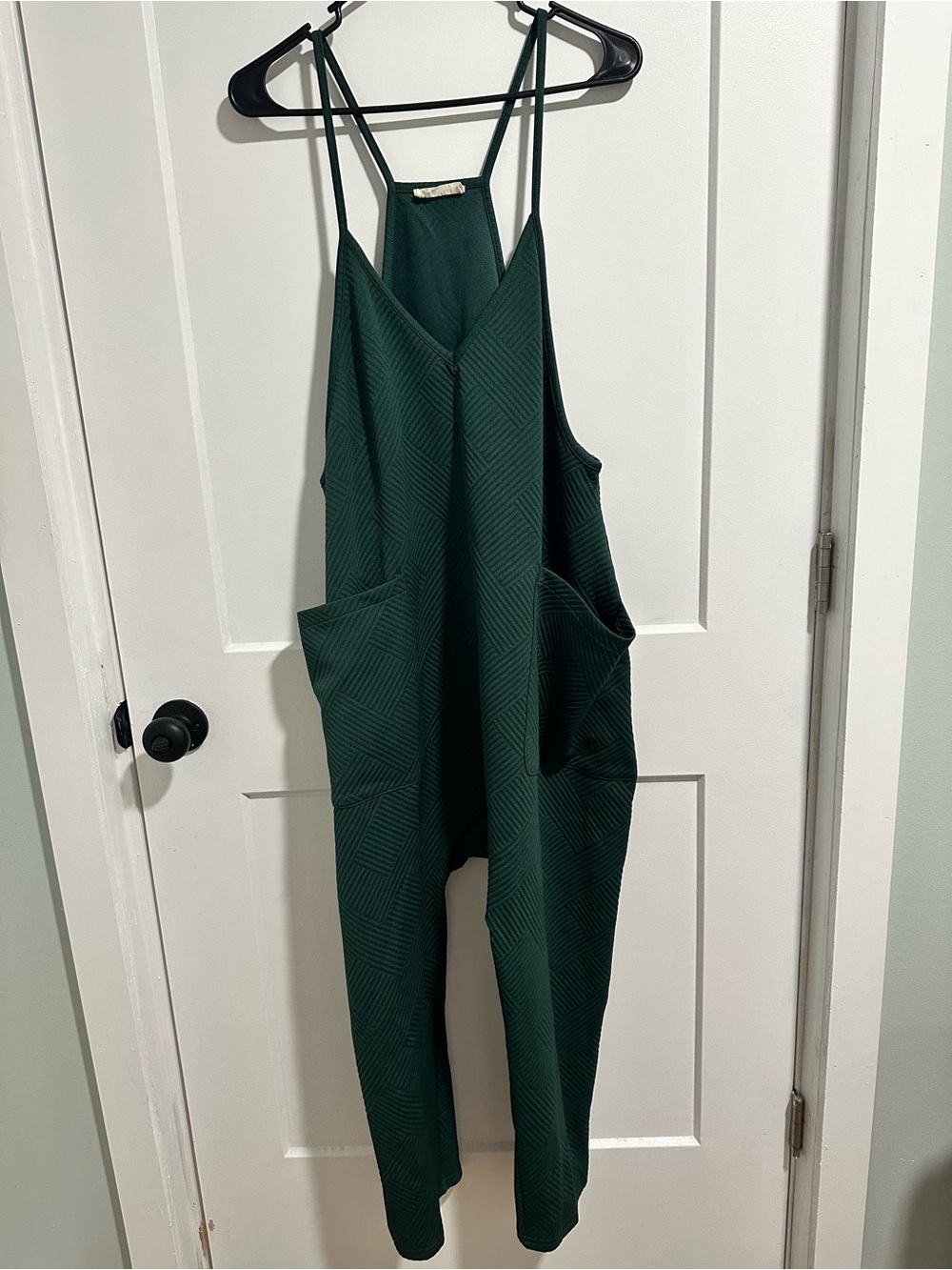 New In Deep Green Strappy Textured Jumpsuit with Side Pockets